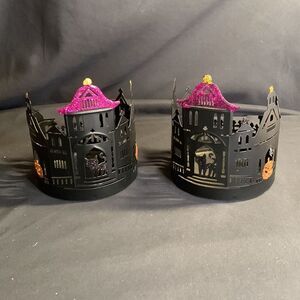Set of 2 Halloween Candle holders glitter pumpkins, cats and webs